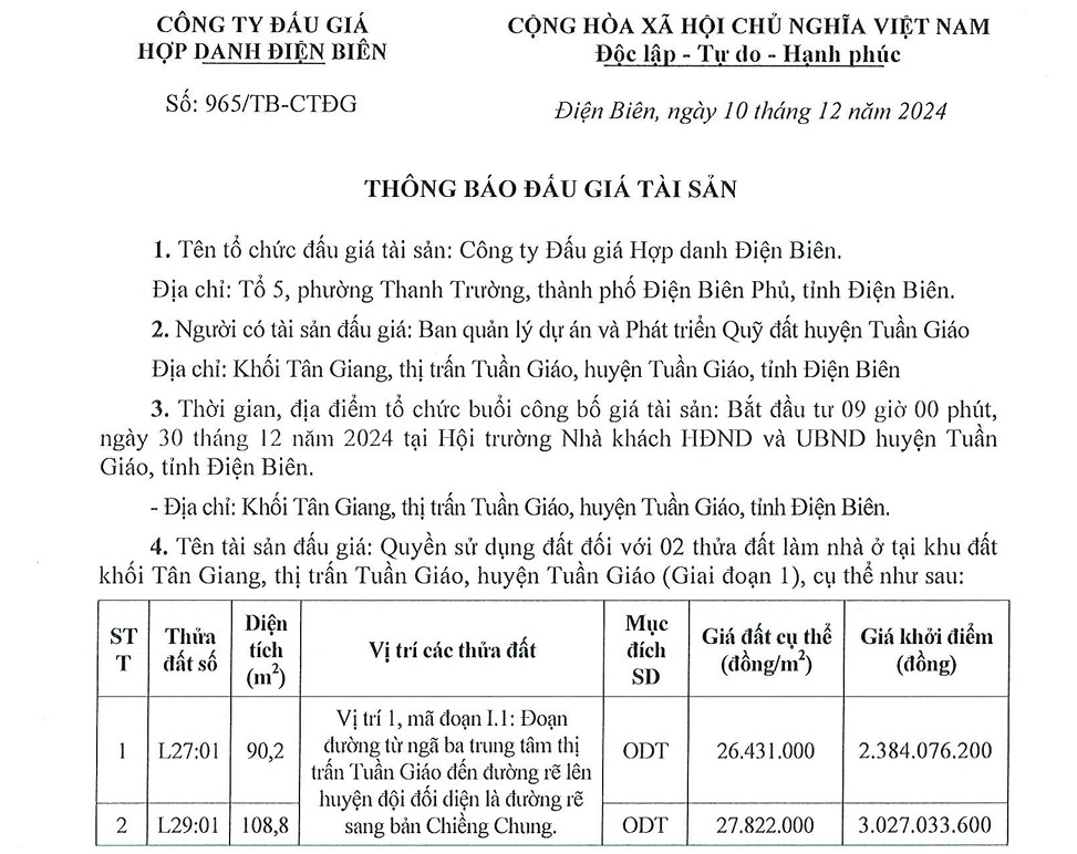 Quyền sử dụng đất đối với 02 thửa đất lảm nhả ở tại khu đất khối Tân Giang, thị trấn Tuần Giáo, huyện Tuần Giáo (Giai đoạn 1)