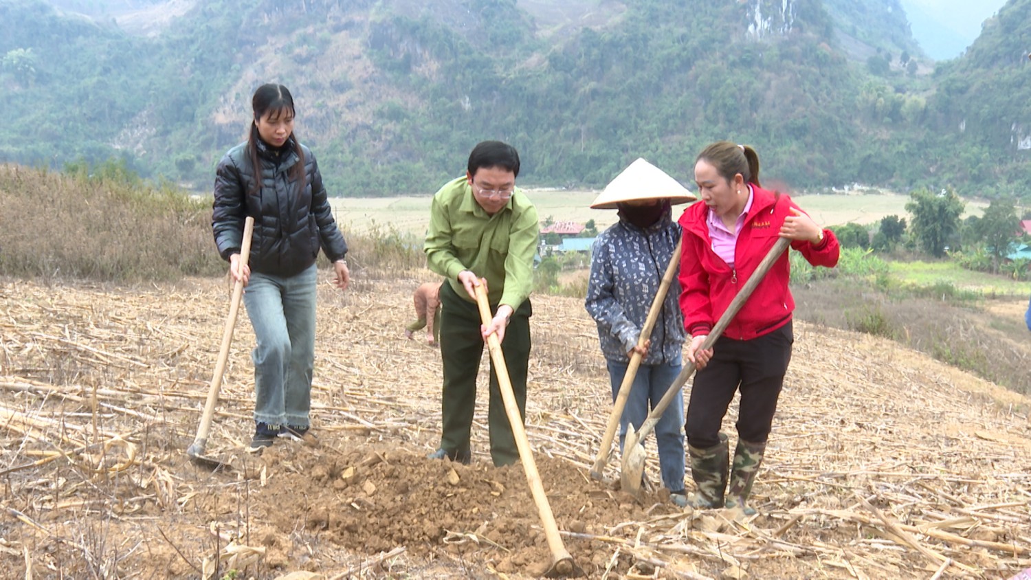 ĐỒNG CHÍ GIÀNG A DẾ THAM GIA ĐÀO HỐ TRỒNG MẮC CA, CÀ PHÊ TẠI BẢN XUÂN TƯƠI, XÃ MƯỜNG MÙN