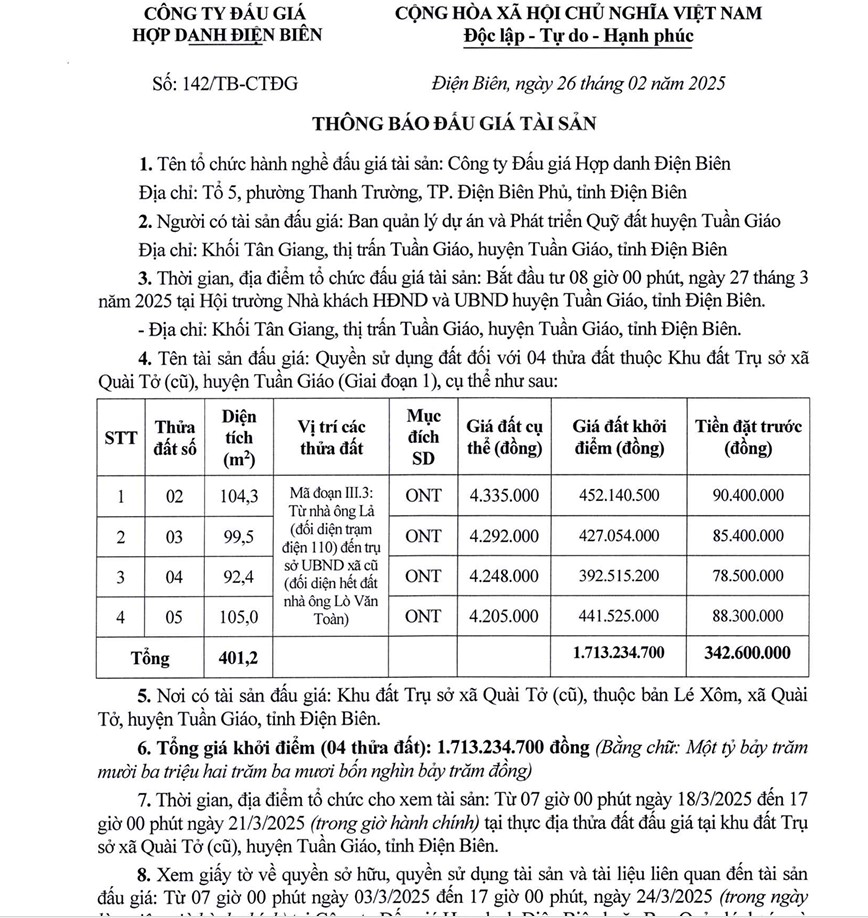 Thông báo đấu giá: Quyền sử dụng đất đối với 04 thửa đất thuộc Khu đất Trụ sở xã Quài Tở (cũ), huyện Tuần Giáo (Giai đoạn 1)