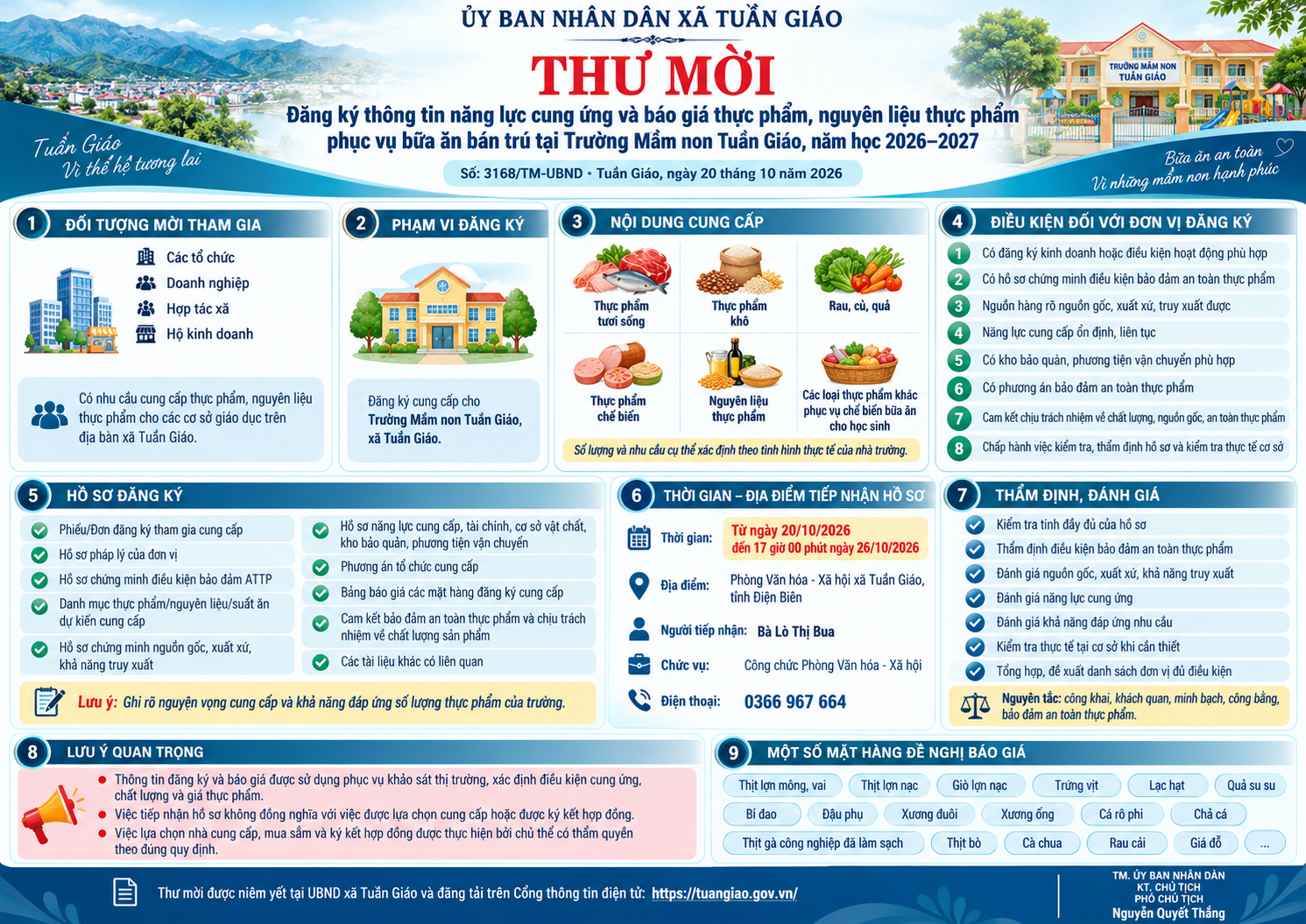Đăng ký thông tin năng lực cung ứng và báo giá thực phẩm,  nguyên liệu thực phẩm phục vụ bữa ăn bán trú tại Trường Mầm non   Tuần Giáo, năm học 2026–2027